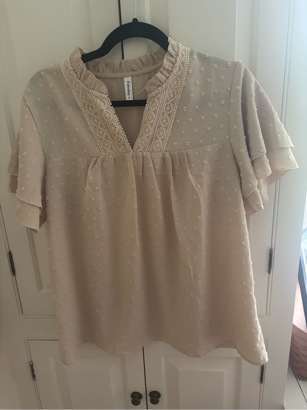 Beige Ruffle V-Neck Swiss Dot Blouse
